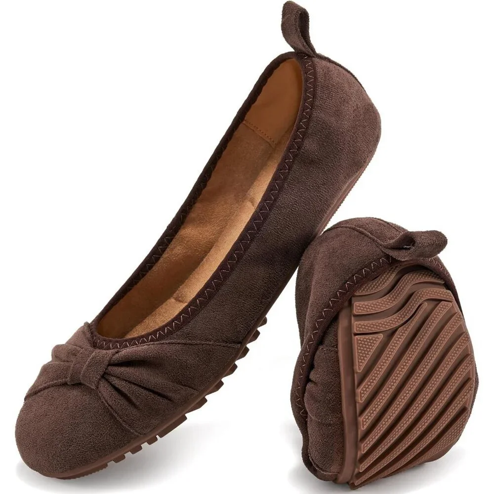 Women's Round Toe Elegant Bow knot Foldable Ballet Flats Loafers Brown Shoes